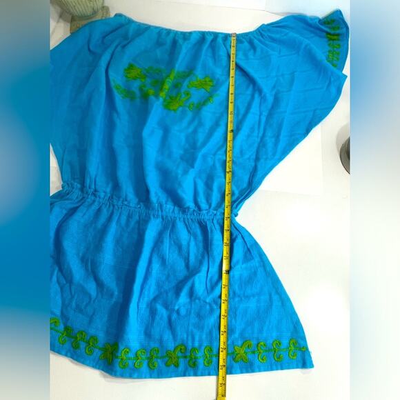 Debbie Katz South Beach Embroidered Turquoise Tunic with Fluted Sleeves Sz Large - Picture 10 of 10